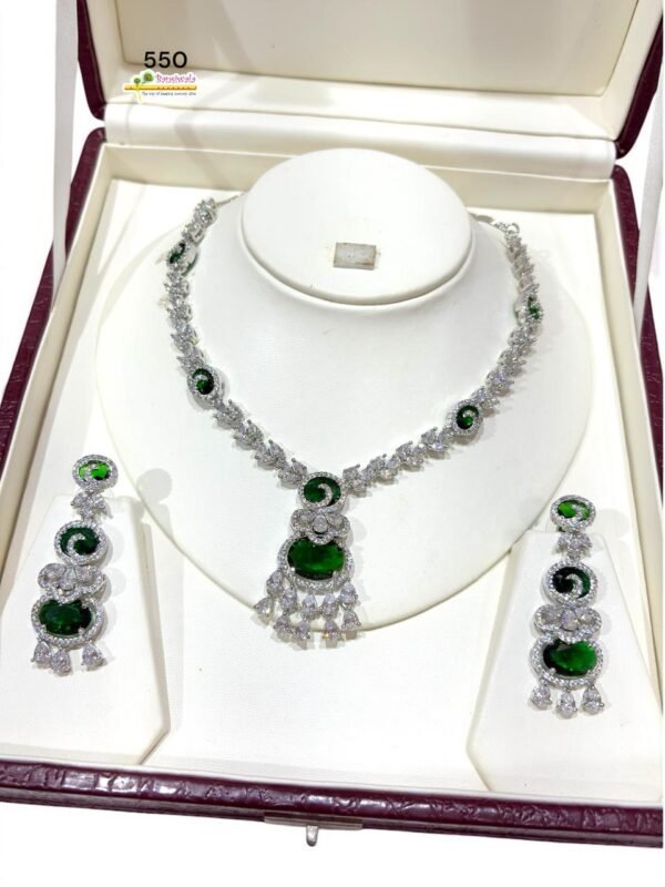 Emerald CZ Silver Polish Necklace Set